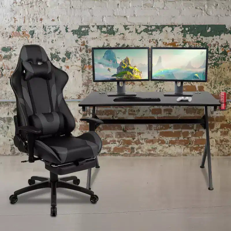 Flash Furniture Gaming Desk and Footrest Reclining Gaming Chair Set with Cup Holder, Headphone Hook & 2 Wire Management Holes