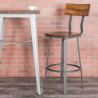 Tabouret de bar en noyer rustique avec dossier/siège en bois et structure grise