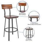 Tabouret de bar en noyer rustique avec dossier/siège en bois et structure grise