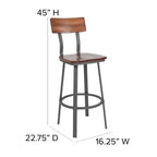 Tabouret de bar en noyer rustique avec dossier/siège en bois et structure grise