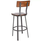 Tabouret de bar en noyer rustique avec dossier/siège en bois et structure grise