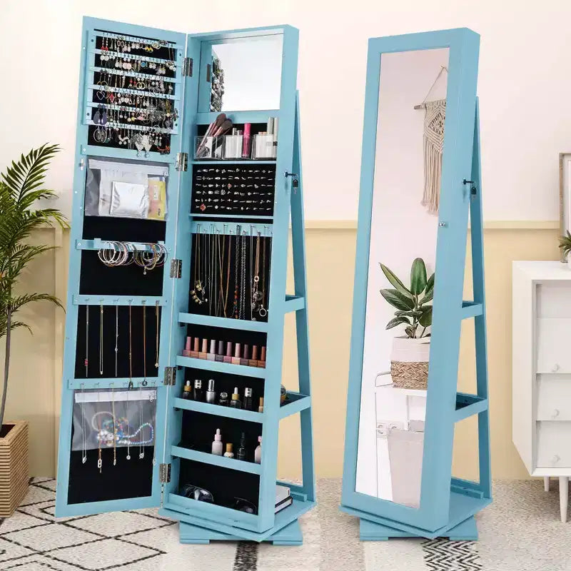 Costway 360degree Rotatable Jewelry Cabinet 2-in-1 Lockable Mirrored Organizer White/Black/Dark Brown/Gray/Blue/Pink/Purple/Dark Gray