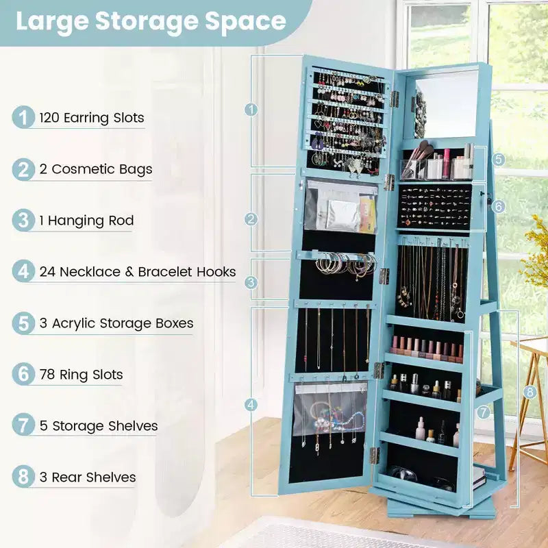 Costway 360degree Rotatable Jewelry Cabinet 2-in-1 Lockable Mirrored Organizer White/Black/Dark Brown/Gray/Blue/Pink/Purple/Dark Gray