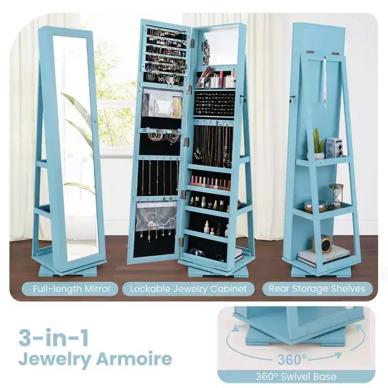Costway 360degree Rotatable Jewelry Cabinet 2-in-1 Lockable Mirrored Organizer White/Black/Dark Brown/Gray/Blue/Pink/Purple/Dark Gray