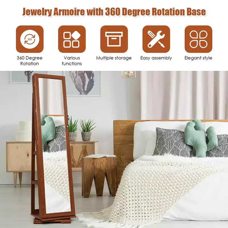 Costway 360degree Rotatable Jewelry Cabinet 2-in-1 Lockable Mirrored Organizer White/Black/Dark Brown/Gray/Blue/Pink/Purple/Dark Gray