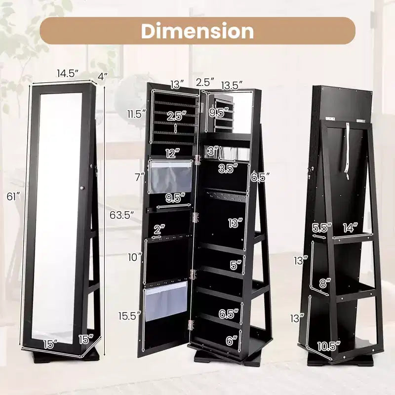Costway 360degree Rotatable Jewelry Cabinet 2-in-1 Lockable Mirrored Organizer White/Black/Dark Brown/Gray/Blue/Pink/Purple/Dark Gray