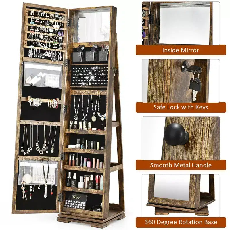 Costway 360degree Rotatable Jewelry Cabinet 2-in-1 Lockable Mirrored Organizer White/Black/Dark Brown/Gray/Blue/Pink/Purple/Dark Gray