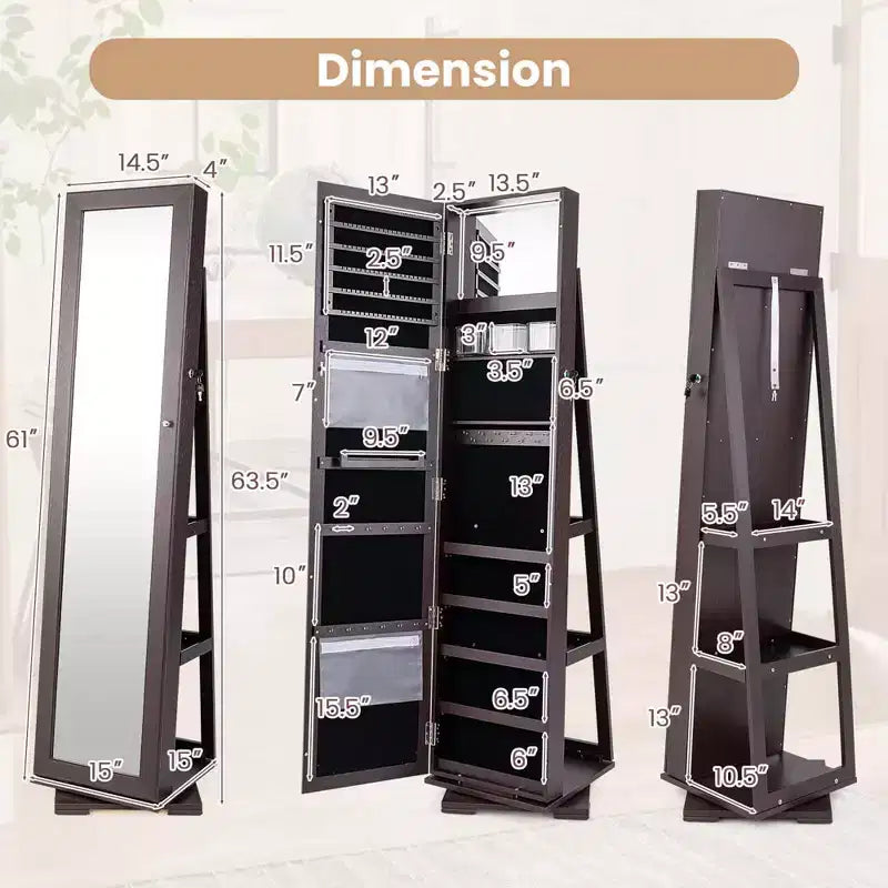 Costway 360degree Rotatable Jewelry Cabinet 2-in-1 Lockable Mirrored Organizer White/Black/Dark Brown/Gray/Blue/Pink/Purple/Dark Gray
