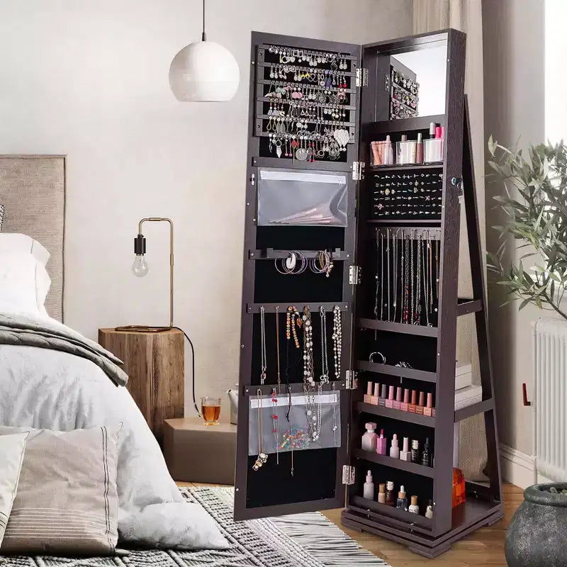 Costway 360degree Rotatable Jewelry Cabinet 2-in-1 Lockable Mirrored Organizer White/Black/Dark Brown/Gray/Blue/Pink/Purple/Dark Gray