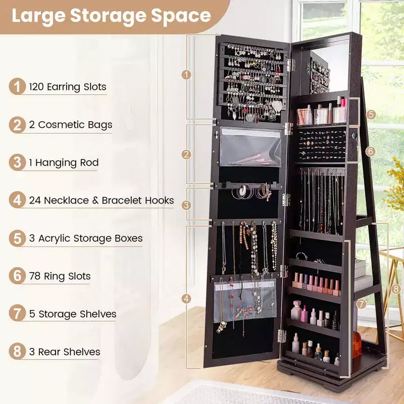 Costway 360degree Rotatable Jewelry Cabinet 2-in-1 Lockable Mirrored Organizer White/Black/Dark Brown/Gray/Blue/Pink/Purple/Dark Gray