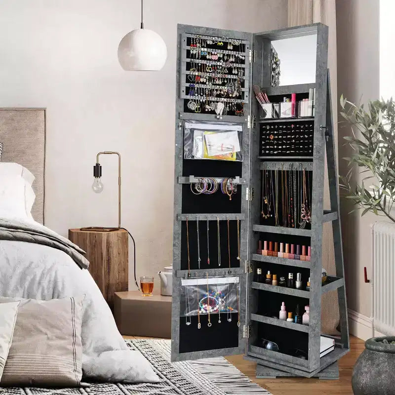 Costway 360degree Rotatable Jewelry Cabinet 2-in-1 Lockable Mirrored Organizer White/Black/Dark Brown/Gray/Blue/Pink/Purple/Dark Gray