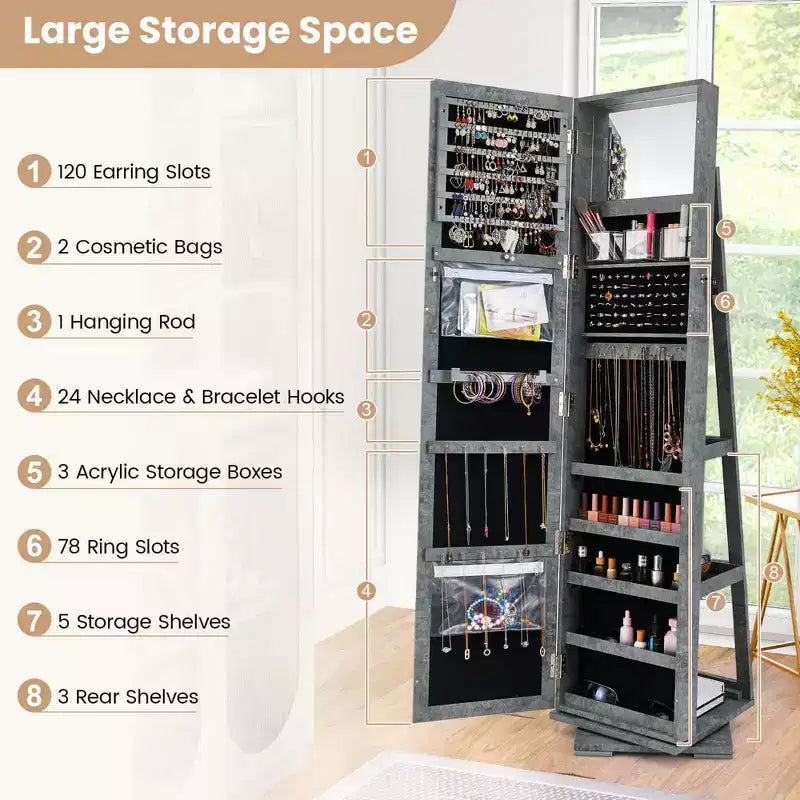 Costway 360degree Rotatable Jewelry Cabinet 2-in-1 Lockable Mirrored Organizer White/Black/Dark Brown/Gray/Blue/Pink/Purple/Dark Gray