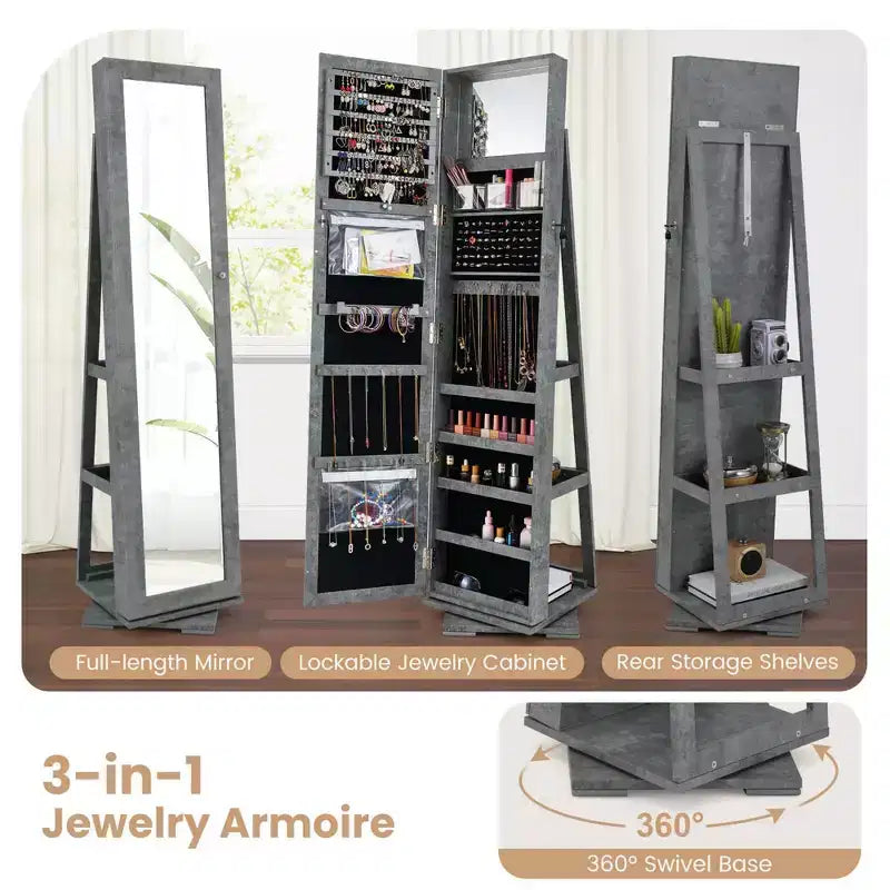 Costway 360degree Rotatable Jewelry Cabinet 2-in-1 Lockable Mirrored Organizer White/Black/Dark Brown/Gray/Blue/Pink/Purple/Dark Gray