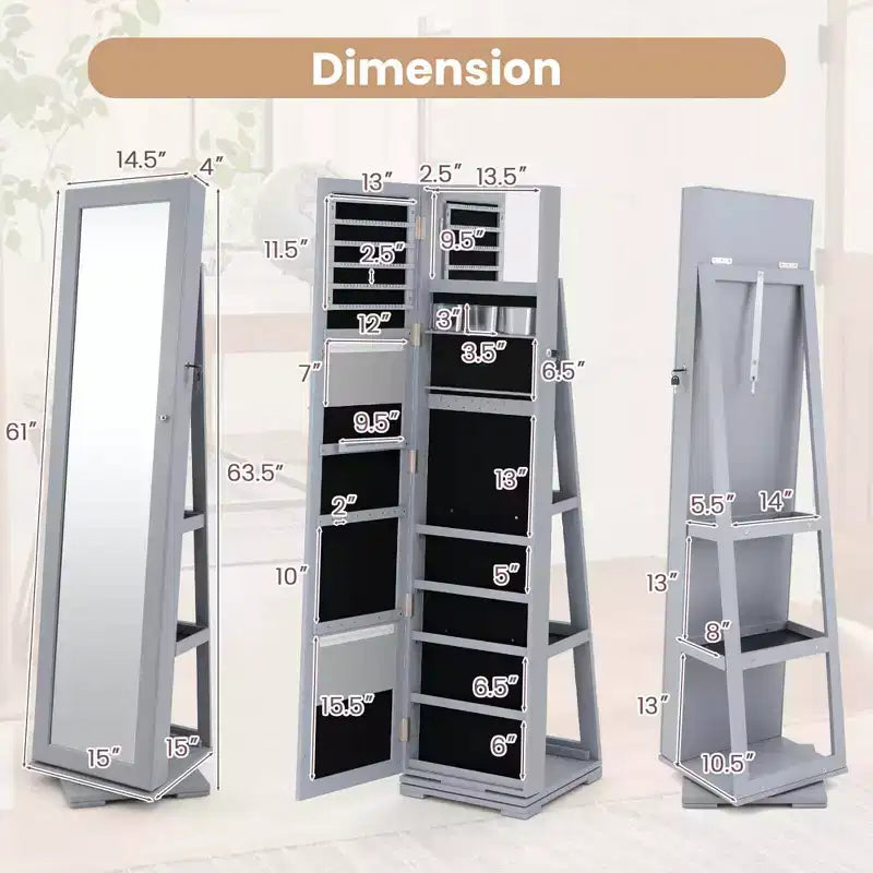 Costway 360degree Rotatable Jewelry Cabinet 2-in-1 Lockable Mirrored Organizer White/Black/Dark Brown/Gray/Blue/Pink/Purple/Dark Gray