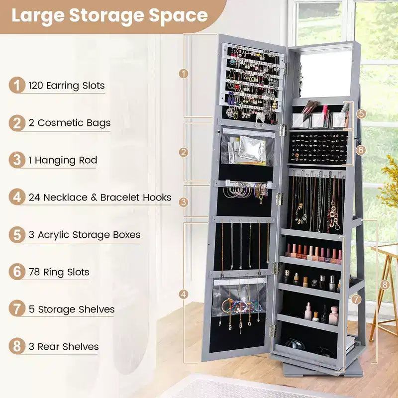 Costway 360degree Rotatable Jewelry Cabinet 2-in-1 Lockable Mirrored Organizer White/Black/Dark Brown/Gray/Blue/Pink/Purple/Dark Gray