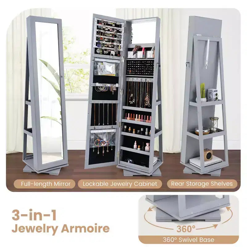 Costway 360degree Rotatable Jewelry Cabinet 2-in-1 Lockable Mirrored Organizer White/Black/Dark Brown/Gray/Blue/Pink/Purple/Dark Gray