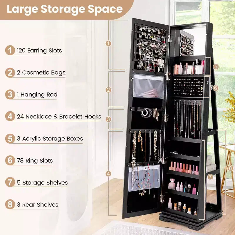Costway 360degree Rotatable Jewelry Cabinet 2-in-1 Lockable Mirrored Organizer White/Black/Dark Brown/Gray/Blue/Pink/Purple/Dark Gray