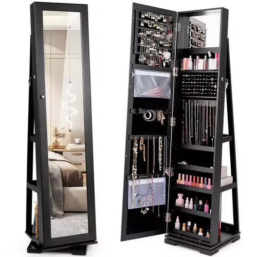 Costway 360degree Rotatable Jewelry Cabinet 2-in-1 Lockable Mirrored Organizer White/Black/Dark Brown/Gray/Blue/Pink/Purple/Dark Gray