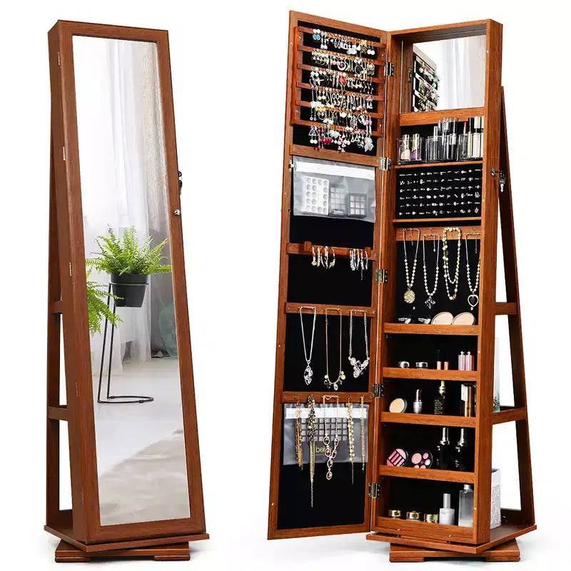 Costway 360degree Rotatable Jewelry Cabinet 2-in-1 Lockable Mirrored Organizer White/Black/Dark Brown/Gray/Blue/Pink/Purple/Dark Gray