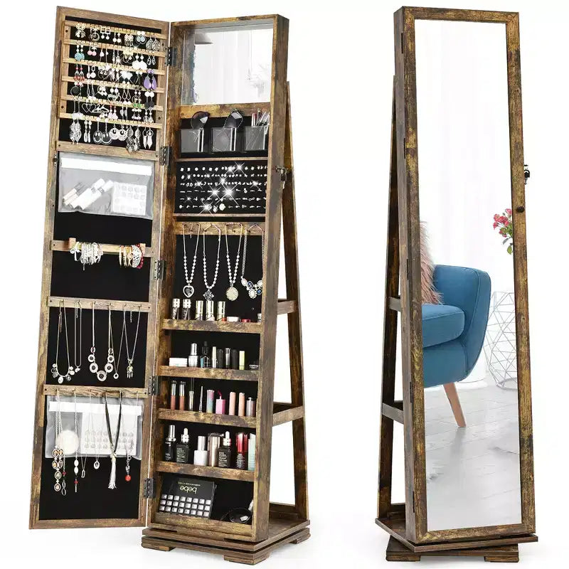Costway 360degree Rotatable Jewelry Cabinet 2-in-1 Lockable Mirrored Organizer White/Black/Dark Brown/Gray/Blue/Pink/Purple/Dark Gray
