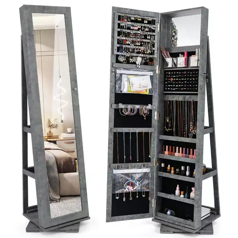 Costway 360degree Rotatable Jewelry Cabinet 2-in-1 Lockable Mirrored Organizer White/Black/Dark Brown/Gray/Blue/Pink/Purple/Dark Gray