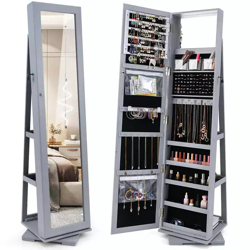 Costway 360degree Rotatable Jewelry Cabinet 2-in-1 Lockable Mirrored Organizer White/Black/Dark Brown/Gray/Blue/Pink/Purple/Dark Gray